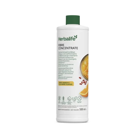 Herbalife Fibre Concentrate bottle with orange flavor and green cap on white background, 500 ml