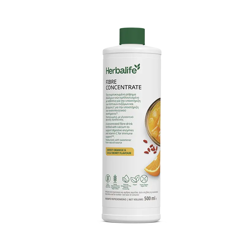 Fibre Concentrate-1 Herbalife Fibre Concentrate bottle with orange flavor and green cap on white background, 500 ml