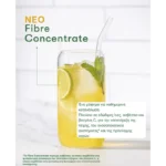 Glass of lemon-mint beverage labeled NEO Fibre Concentrate with a Greek product description overlay.