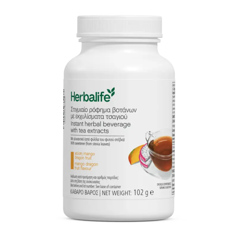 Mango_Fruit Herbalife instant herbal beverage bottle with tea extracts, mango dragon fruit flavor, 102 g net weight.